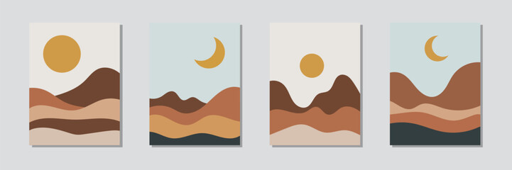set of four abstract landscape posters. abstract poster with sun, moon, mountain. boho minimal wall decor poster. vintage retro style modern artistic background 