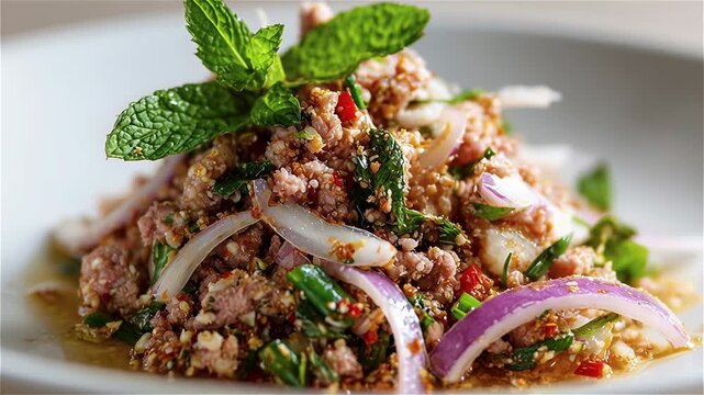 Spicy minced pork salad Thai herb red onion mint chili lime toasted rice larb cilantro juicy savory flavor vibrant garnish authentic cuisine herb