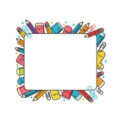 Obraz premium A frame made of pencils, erasers, and paperclips with a blank white space in the center.