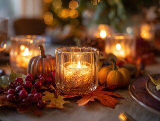 Warm candlelight illuminating autumn leaves and pumpkins on table  