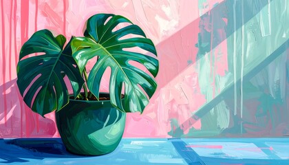 Potted plant in sunlight against a pink and teal wall