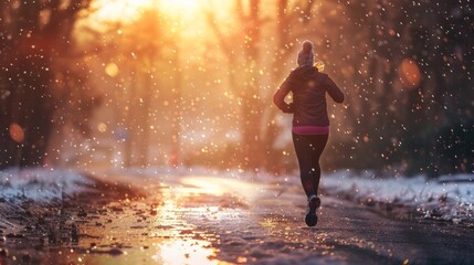 Fototapeta premium A morning jog in a snowy park, with falling snow illuminated by the sun — suitable for articles about winter sports, healthy lifestyles, and motivation.