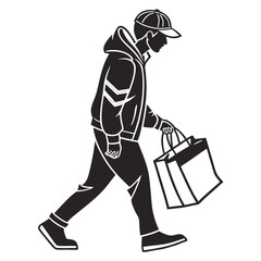 Black silhouette of a person in a hooded jacket and cap carrying shopping bags