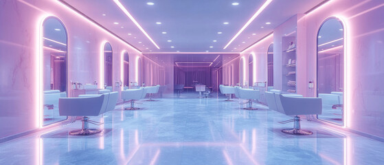 A modern, bright beauty salon with mirrors and comfortable chairs, ideal for illustrations about interior design, fashion salons, and personal care.