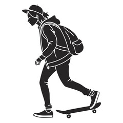 Fototapeta premium Black silhouette of a person skateboarding with a backpack