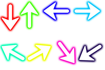 Collection of neon arrows showing all directions illuminated isolated on transparent background