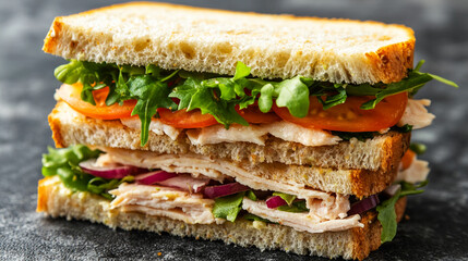 Indulge in a delicious, multi layered turkey sandwich overflowing with fresh lettuce, ripe tomatoes, and crisp red onion on toasted bread, perfect for a satisfying meal.