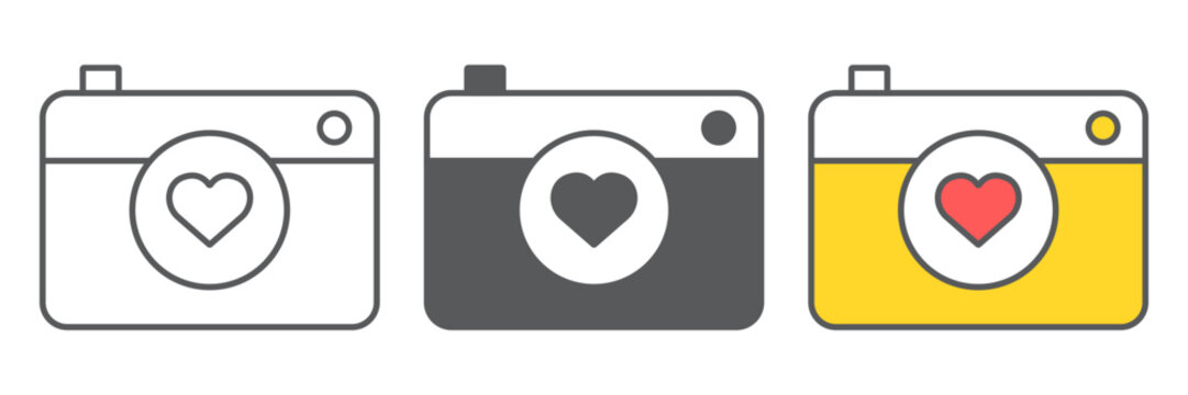 heart with camera icon, valentine and holiday, love camera sign, vector graphics, a linear pattern on a white background, editable stroke.