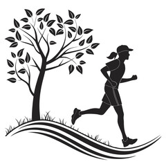 Black silhouette of a woman running next to a tree