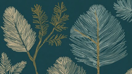 Christmas botanical leaves in gold and blue tones, on a dark teal background, artistic pattern, copy space