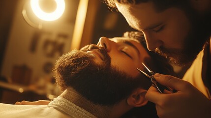 Barber carefully trimming a client's beard with scissors in a dimly lit barbershop