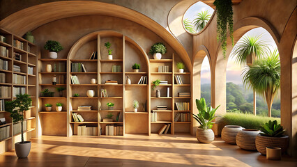 Organic library with clay wall finish and arched wooden architectural style