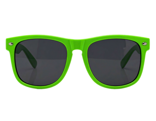 Bright green sunglasses with dark lenses, centered on a black background (1)