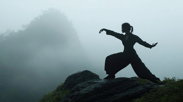 The Silhouette of a Martial Artist stands out vividly against a Foggy Landscape backdrop - Powered by Adobe