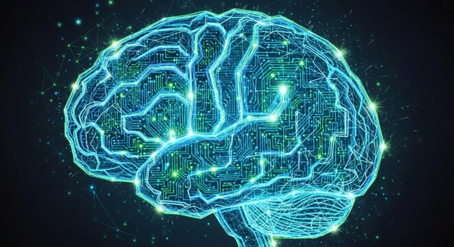 Abstract visualization of the human brain with glowing neural connections and digital data streams, representing intelligence and consciousness