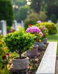Potted plants adorn a granite grave marker in a sun-dappled cemetery