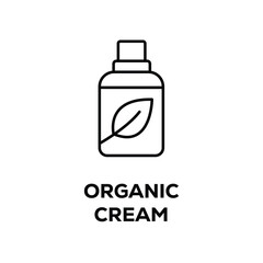 Vector art of organic cream bottle with leaf line icon