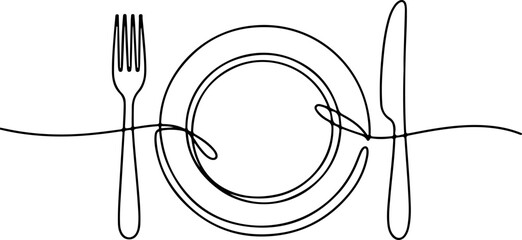 Elegant Single-Line Illustration of a Plate, Fork, and Knife, Perfect for Dining Design
