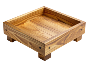 A small, rustic, wooden tray with side walls and four supporting feet