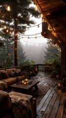 Fototapeta premium Cozy wooden cabin deck transforms into a magical escape with warm string lights, plush seating, and misty forest views creating perfect ambiance