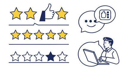 Customer feedback and rating icons with man on laptop