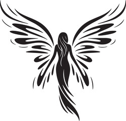Striking black silhouette of winged female figure with flowing hair, elegant design for tattoos and art prints.