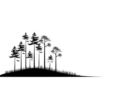 Sketchy forest scene with various evergreen trees and grassy hill creating a serene natural landscape for design projects