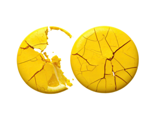 Two cracked yellow circles against a black background, showing cracks and breakage