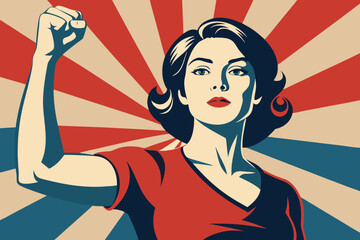 Woman with Raised Fist in Retro Propaganda Style with Red and Blue Background