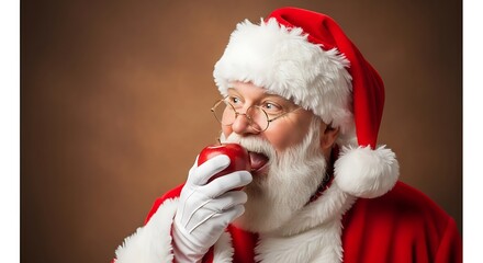 Santa claus eating a red apple with a white beard and red hat