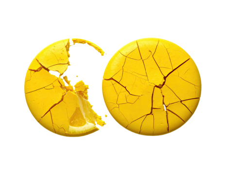 Two cracked yellow circles against a black background, showing cracks and breakage