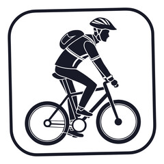 Cyclist wearing helmet and backpack riding bicycle