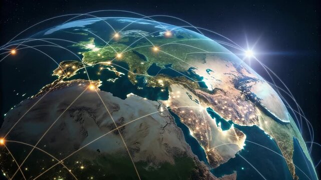 Planet Earth showing the global communication network connecting major cities across Europe, Africa, and the Middle East.