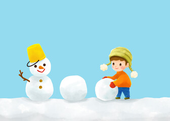 雪だるまを作る子供の水彩画
