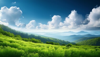 Fototapeta premium Serene Landscape Illustration With Green Foliage And Clouds