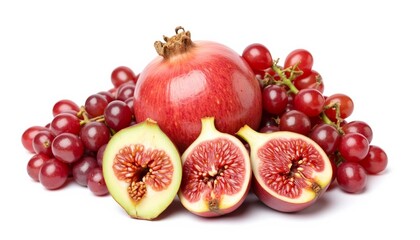 Pomegranate and fresh figs with grapes on white background  