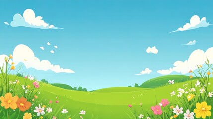 A vibrant landscape featuring green hills, colorful flowers, and a bright blue sky filled with fluffy clouds.