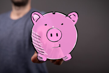 Image of a hand holding a digital piggy bank, representing saving money, financial security, and wealth.