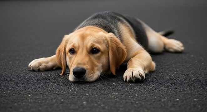 Melancholic canine companion lounging peacefully outdoors with its mesmerizing gaze and fur blend creating an alluring