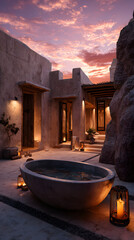 Serene outdoor spa retreat with stone bathtub and romantic candlelight during a breathtaking twilight sky, perfect for relaxation and luxury lifestyle