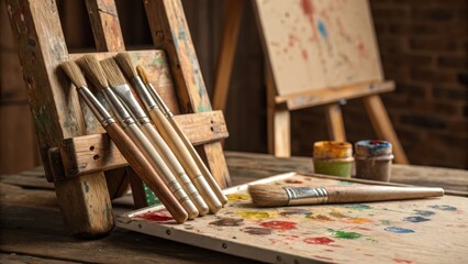 Paintbrushes and art supplies set for painting studio