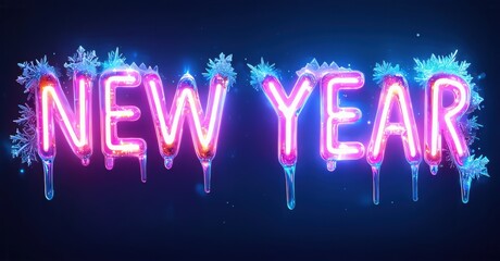 Bright neon text spells New Year. Dripping effect adds visual interest. Snowflakes frame words, creating festive mood. Dark background enhances glow.
