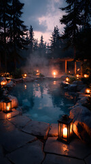 Serene forest hot spring under twilight sky with glowing lanterns creating a magical, tranquil, and inviting atmosphere for ultimate relaxation and escape