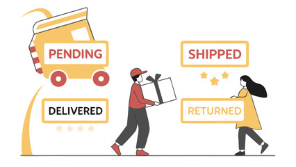 Delivery status icons with people and truck shipping