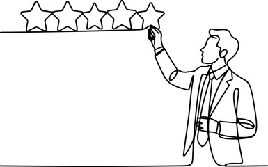 Continuous line art of a businessman drawing five stars, symbolizing excellent service, quality feedback, and customer satisfaction