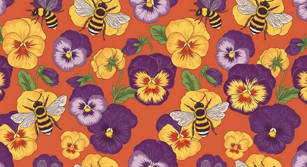 Vibrant floral pattern with bees on an orange background for textile design