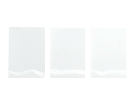 Three white panels, framed in black, floating on a dark, blank background
