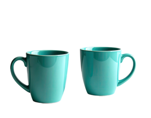 Two turquoise mugs side by side, on a black background, handle facing outward