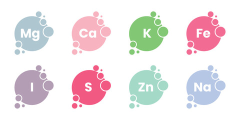essential minerals and vitamins icon set. magnesium, calcium, potassium, iron, iodine, sulfur, zinc, sodium, mineral, vitamin, nutrition symbol. vector illustration 