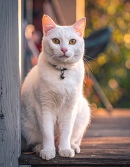 Fototapeta premium A white cat sits gracefully on a wooden surface, with bright eyes and a collar, surrounded by a softly blurred background.